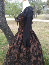 Load image into Gallery viewer, Renaissance Medieval Lady 3 Piece Set Costume Gown Brown and Black Damask
