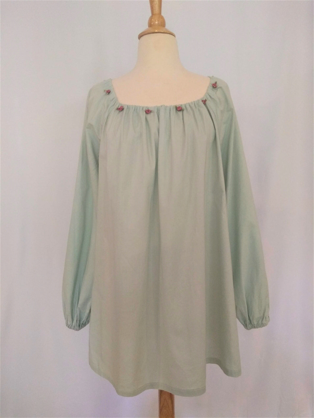 Light Green Cotton Blouse with Mauve Satin Roses