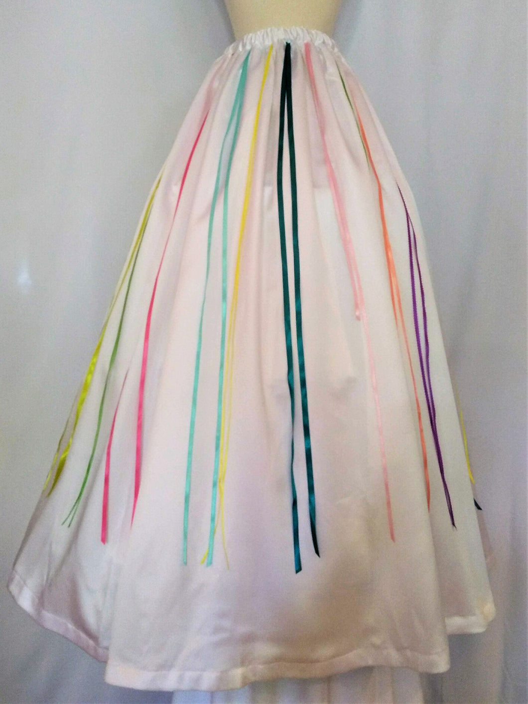White Satin Skirt with Colorful Ribbons
