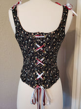 Load image into Gallery viewer, Renaissance Lady Black Flowers Corset with Satin Ribbons
