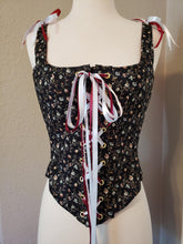 Load image into Gallery viewer, Renaissance Lady Black Flowers Corset with Satin Ribbons
